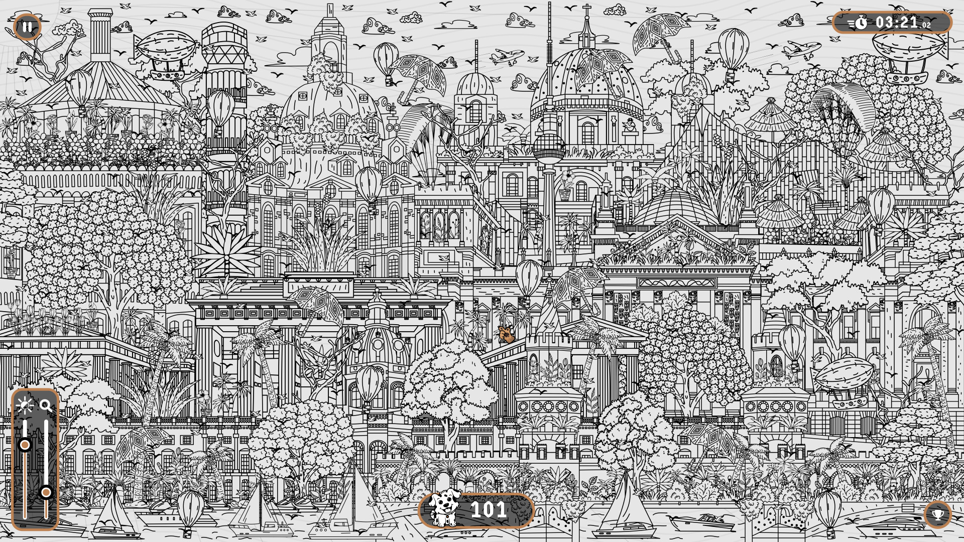 遊戲的實際遊玩畫面，玩家需要在黑白的手繪場景中點擊找到的小狗。