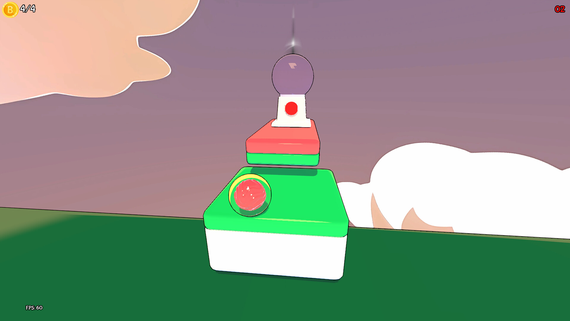 一顆可愛的圓球角色正在繽紛的天空賽道上滾動