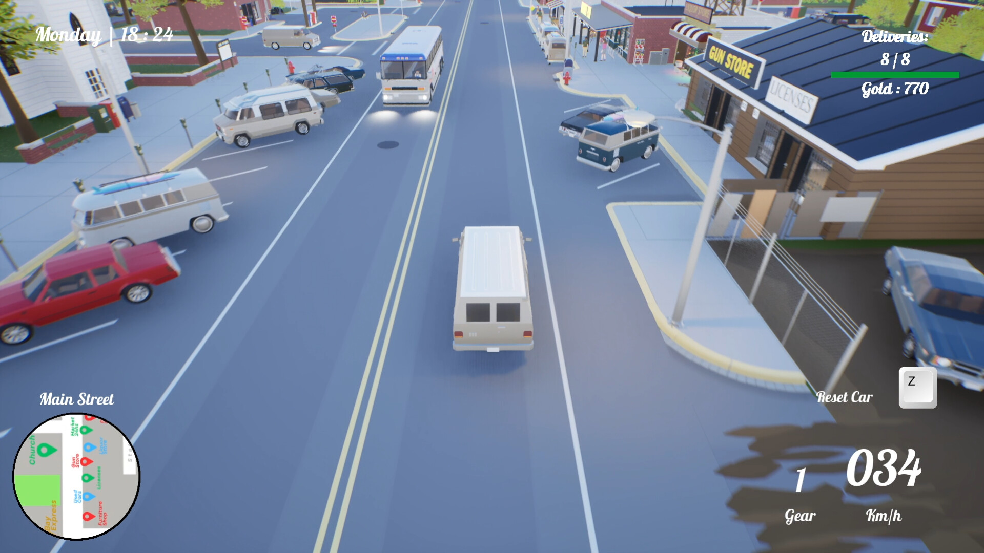 玩家在工業區的倉庫旁準備送貨