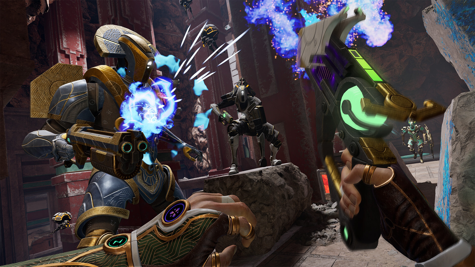 主角面對一個巨大的機械敵人,場景充滿張力。