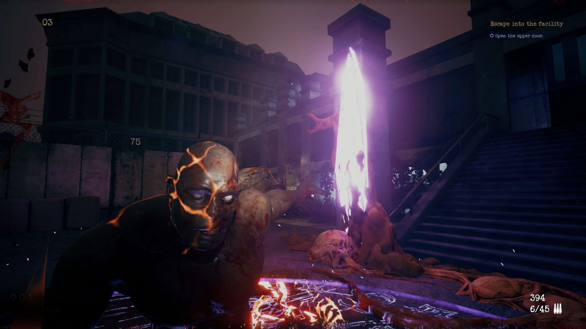 成群的殭屍狀敵人在一個黑暗的工業場景中向玩家湧來