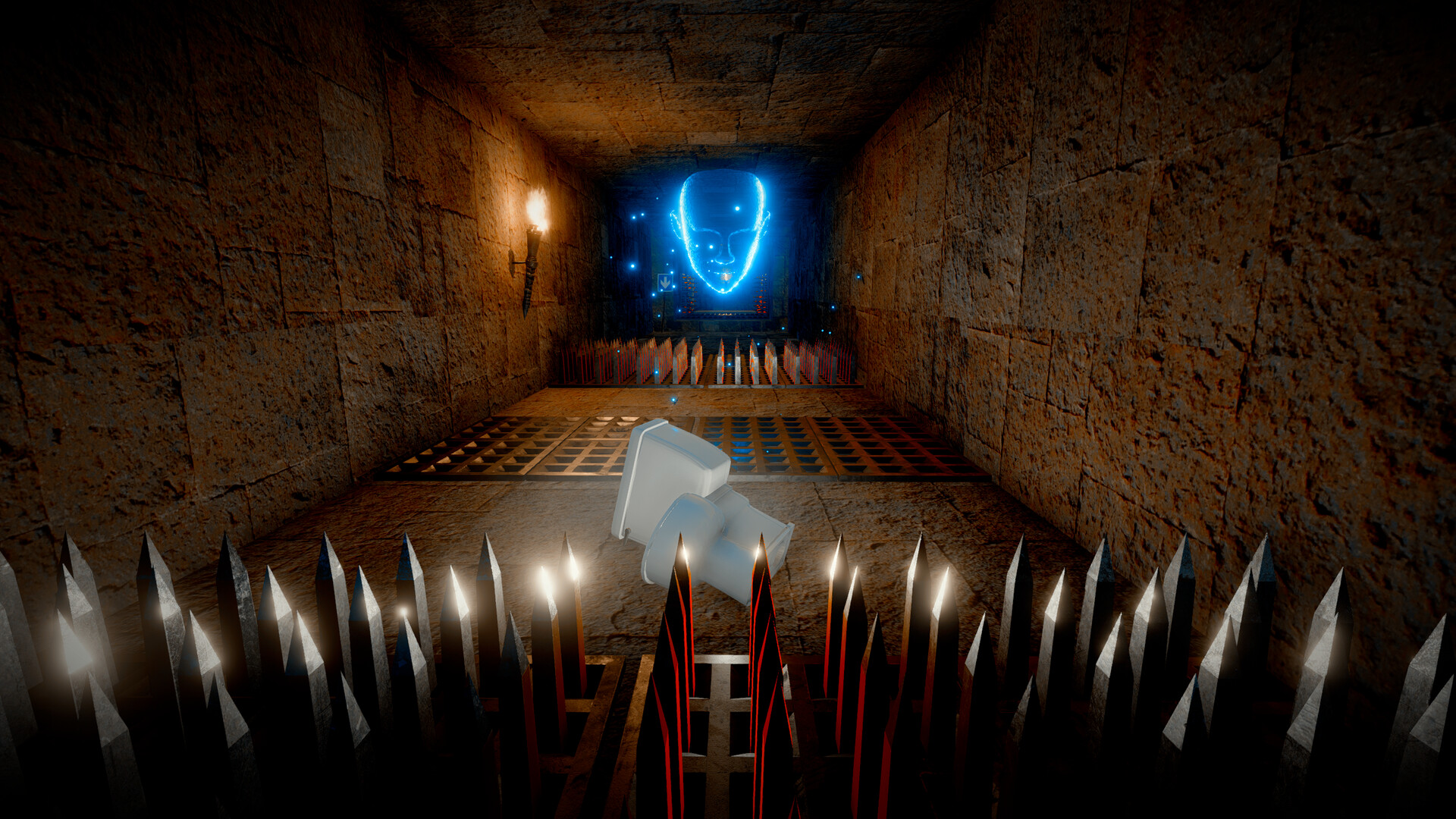 遊戲中的監督者，一個藍色的漂浮臉孔，正俯瞰著下方的馬桶角色。