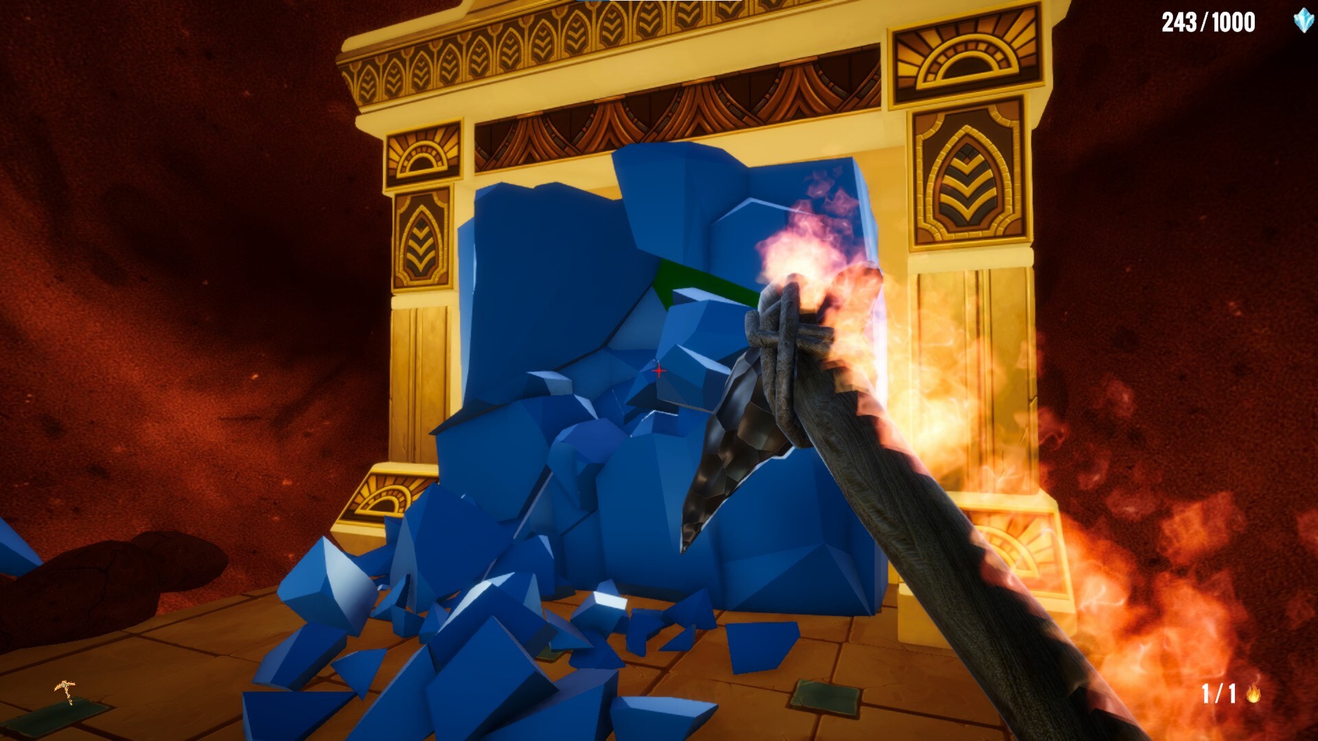 玩家使用十字鎬奮力敲碎冰層的遊戲畫面。