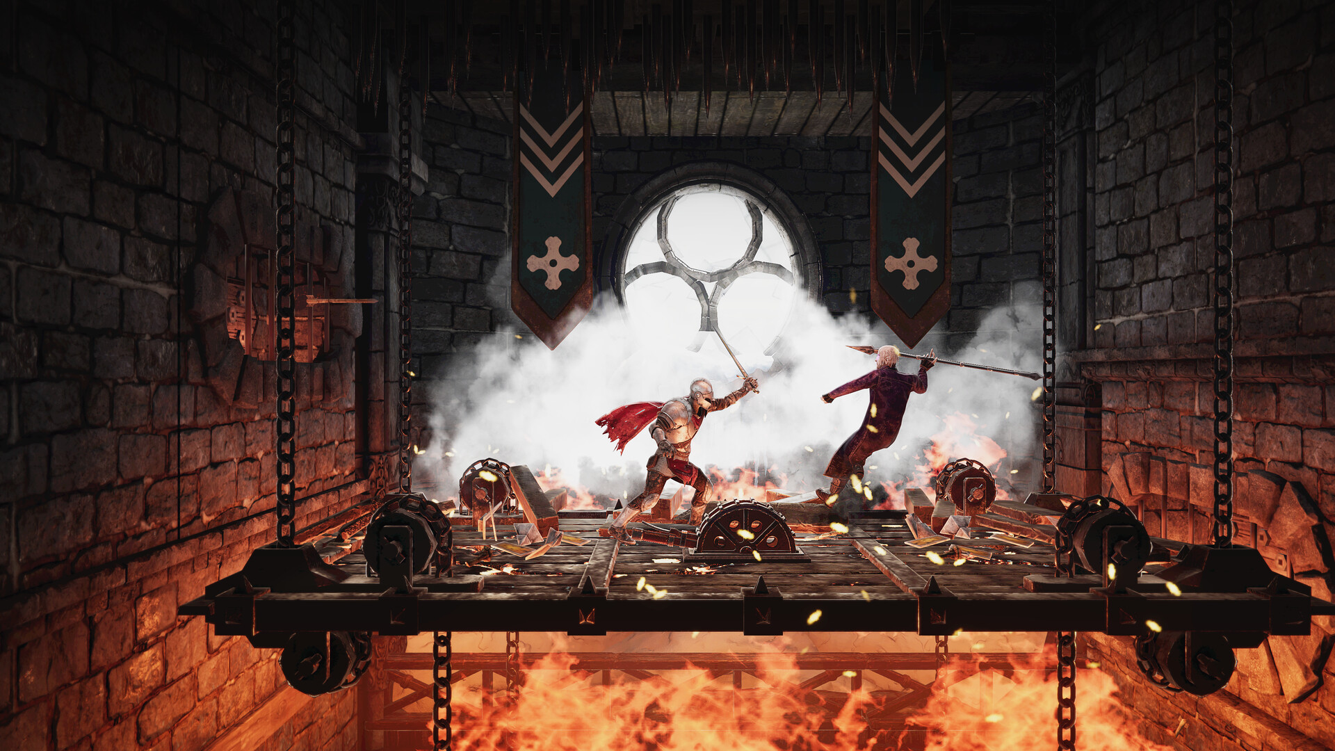 一名身披盔甲、身體部分石化的騎士,手持劍與盾,站在充滿敵意的森林場景中。