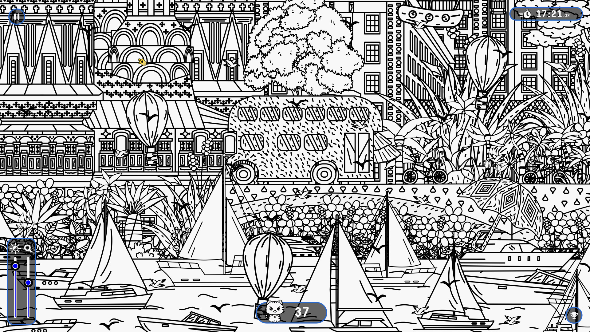 遊戲中的夜間場景，點亮的窗戶和街道為尋找貓咪增添了不同的氛圍。