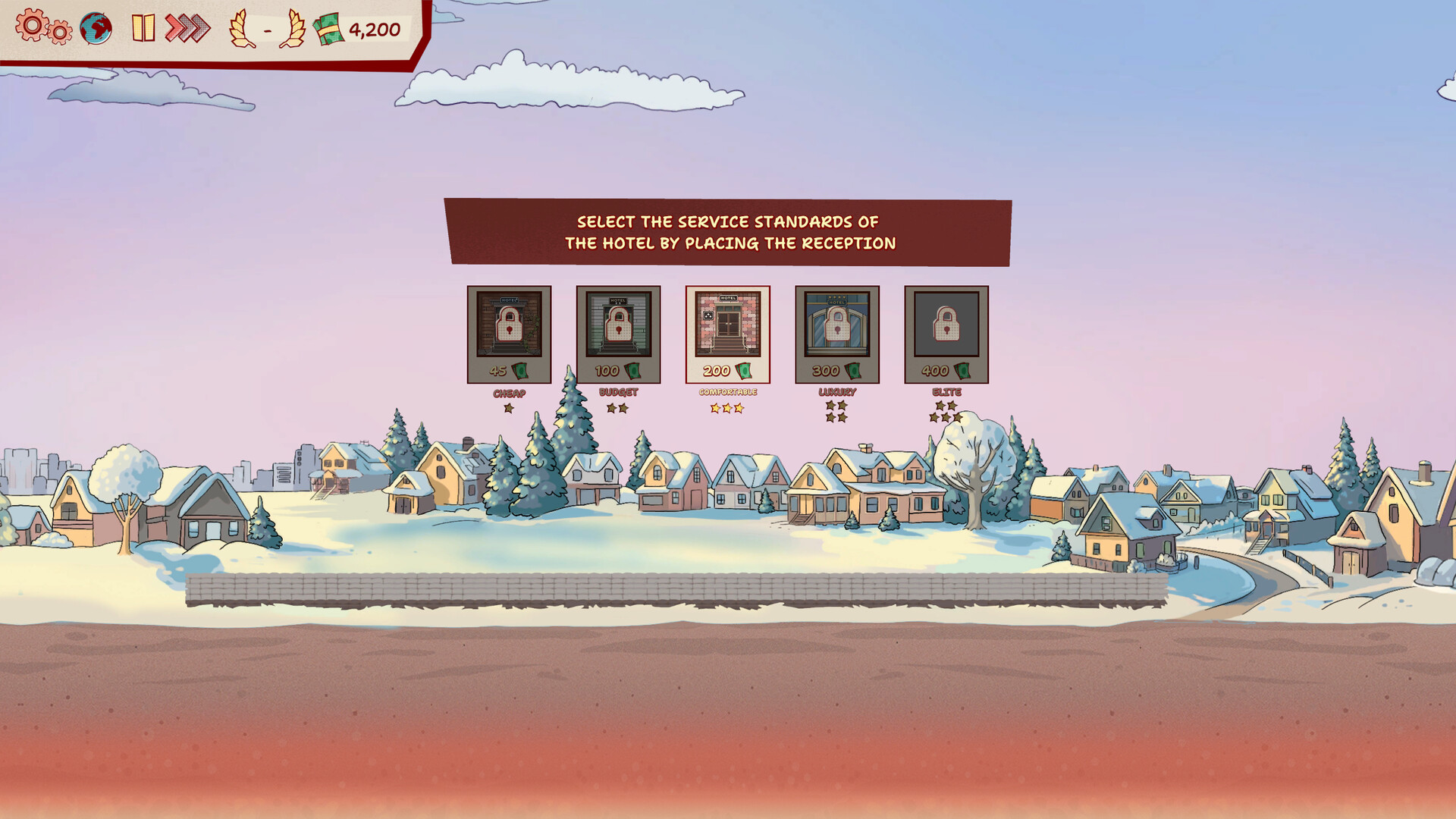 Check Inn 遊戲主視覺,展示了一棟高聳的飯店與周遭城市景觀。