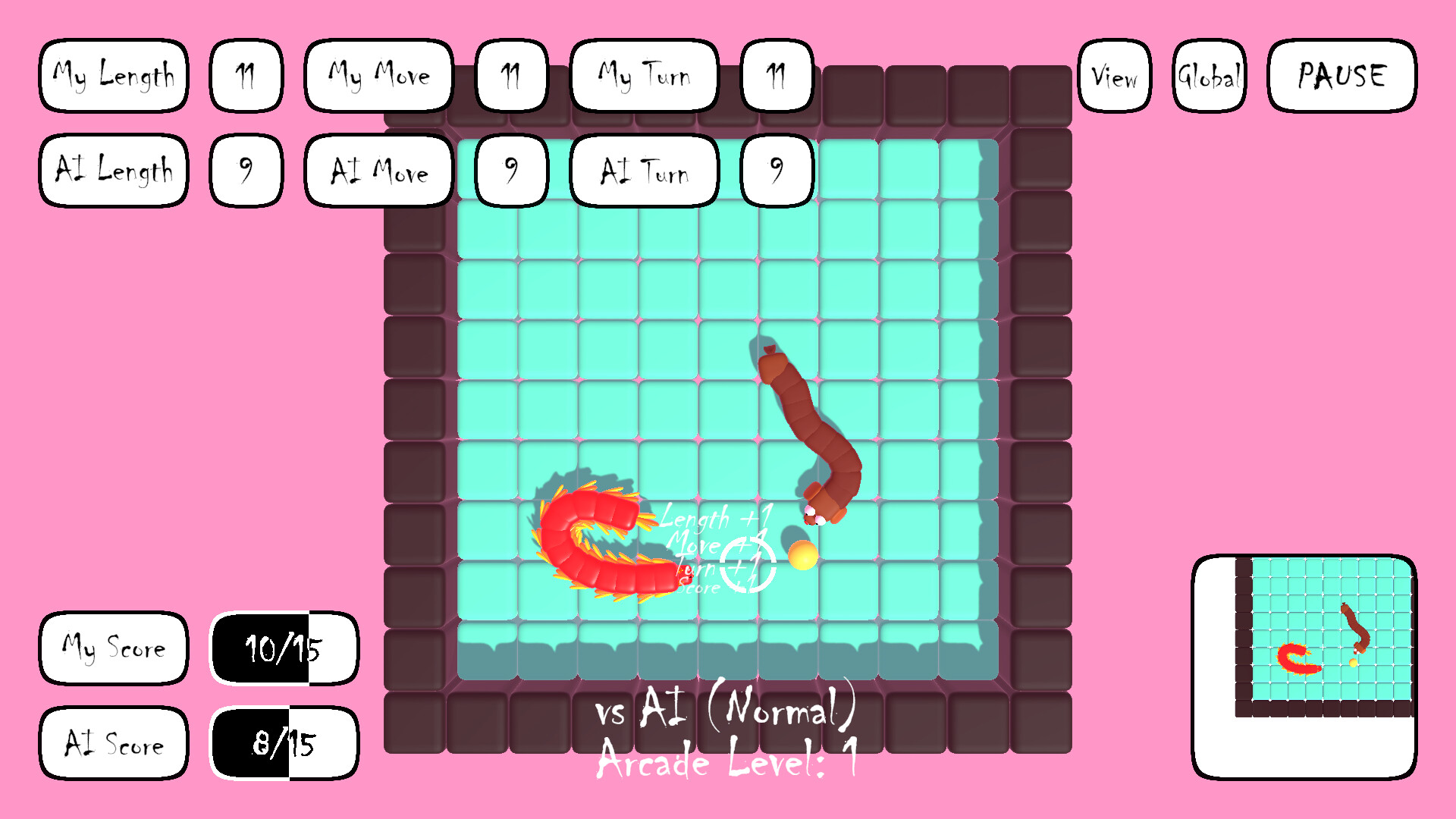 AI 貪吃蛇遊戲截圖，一條黃色的蛇在有著發光線條的未來感地圖中。