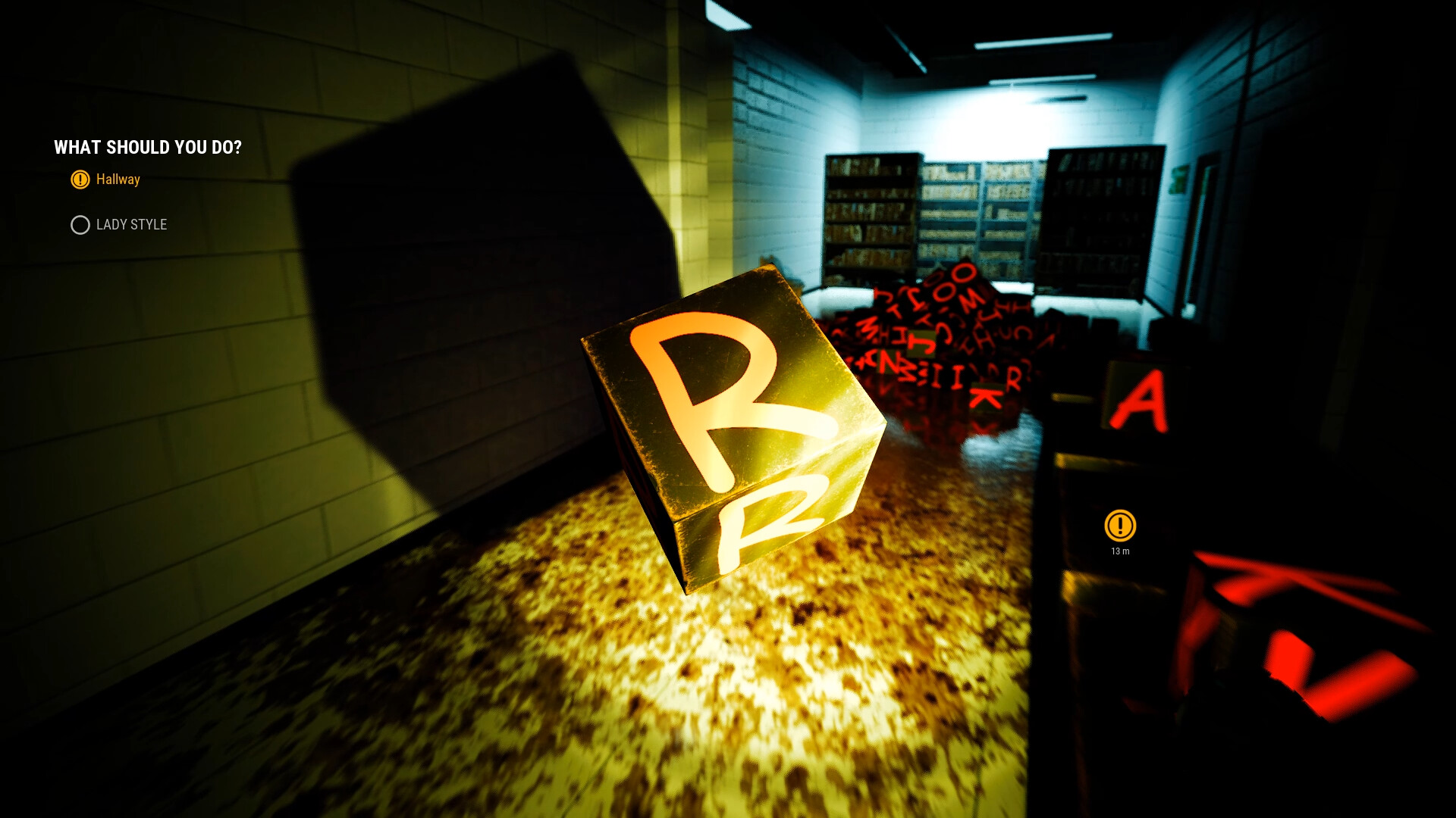 遊戲中一個充滿警示標語的房間