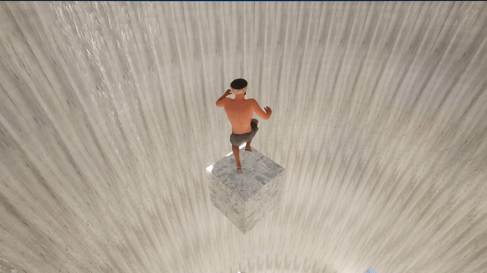 角色站在一個狹窄的平台上，周圍是廣闊的空間