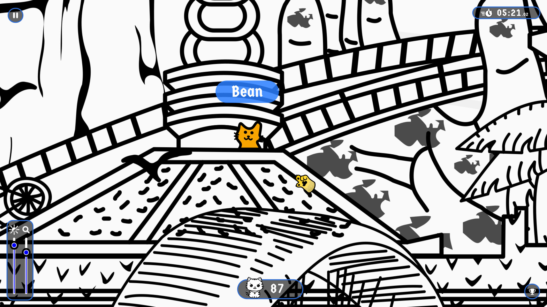 遊戲中一隻貓咪隱藏在屋頂的細節圖。