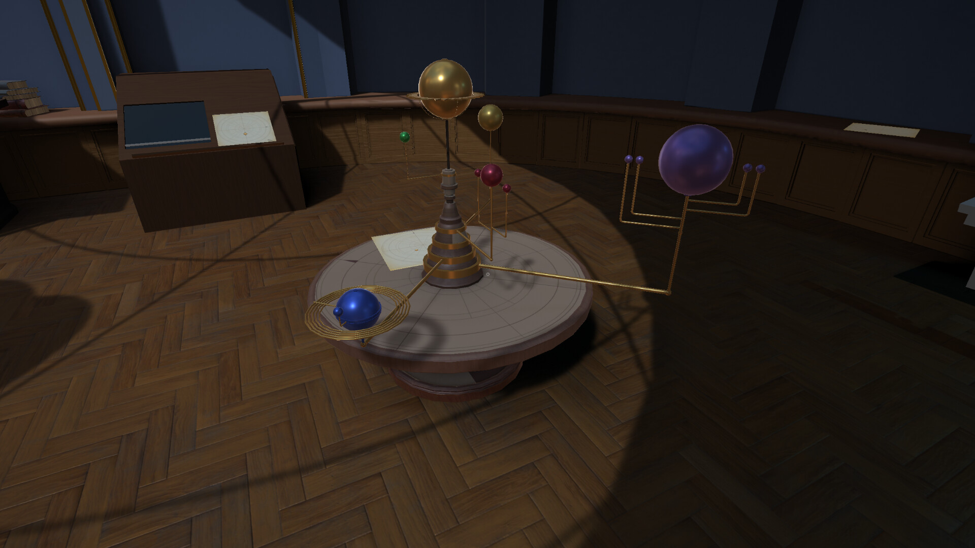 遊戲中的一個房間,光影效果營造出懸疑的氣氛。