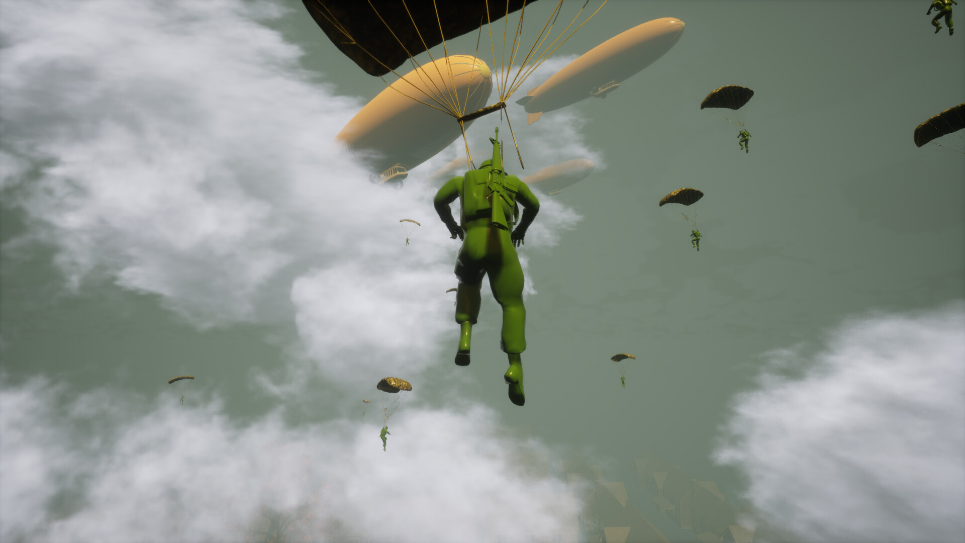 綠色玩具兵在戶外庭院場景作戰