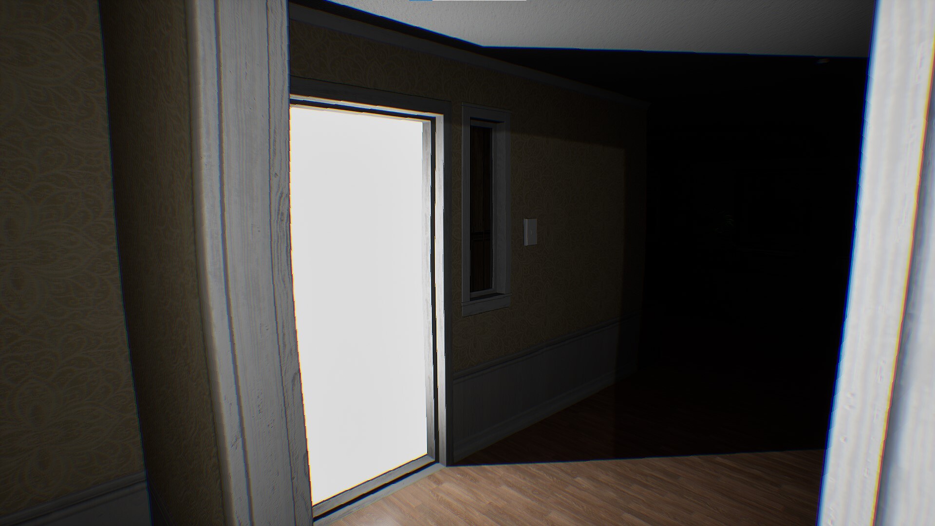 遊戲中陰森的走廊，光影對比強烈，營造出恐怖氛圍。