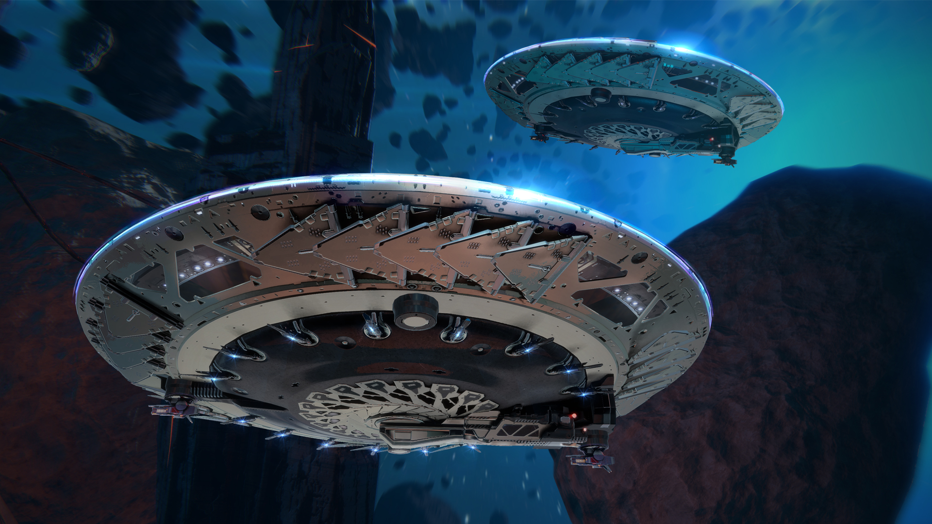 停泊在太空站的各式船艦