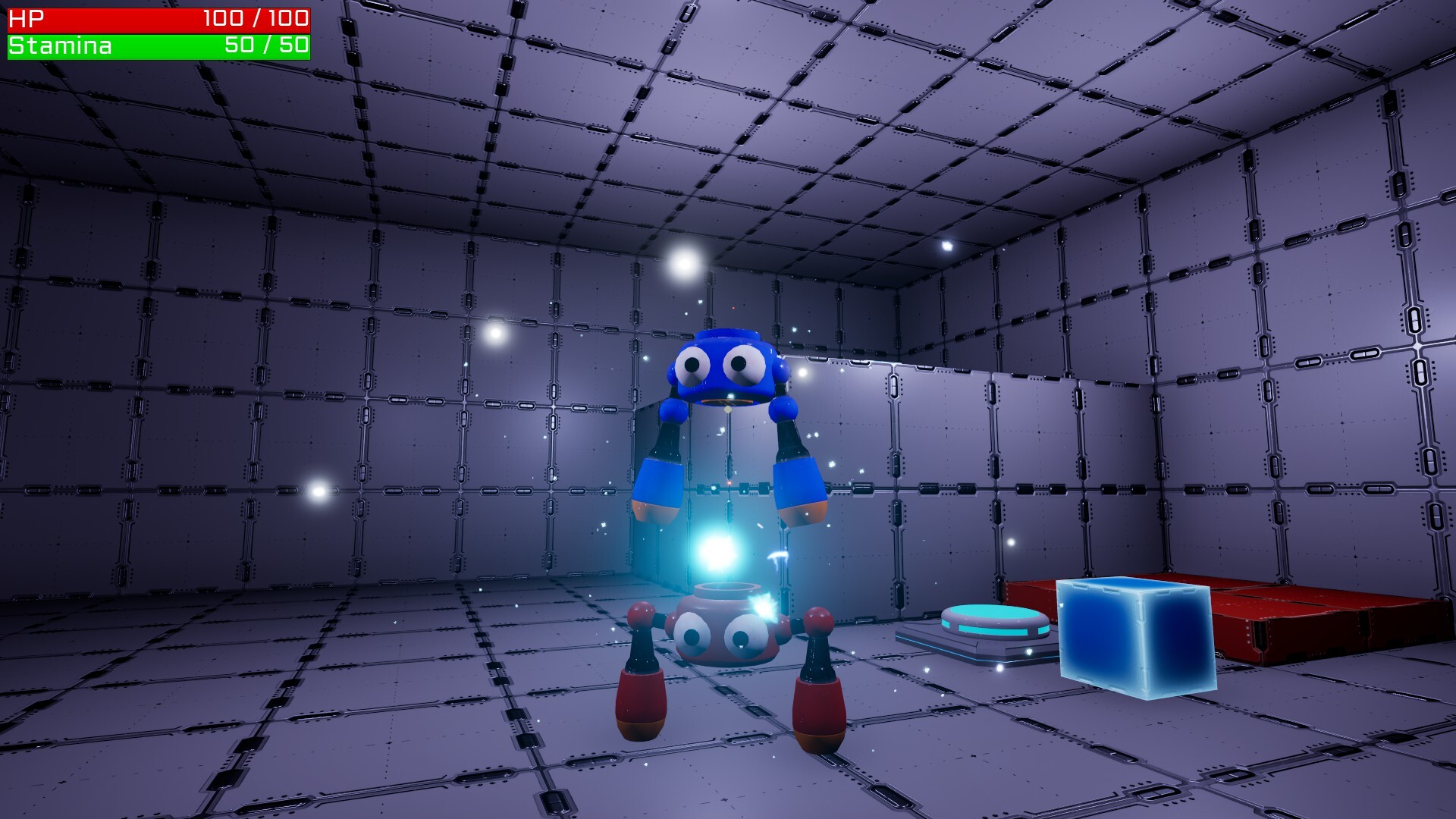 在充滿機關的房間中，兩位玩家需要思考前進的路線。