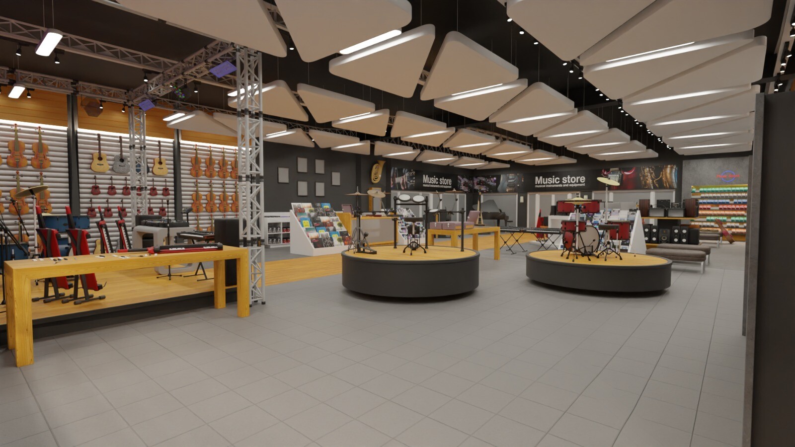 遊戲中的購物中心內部視圖，展示了多家商店。