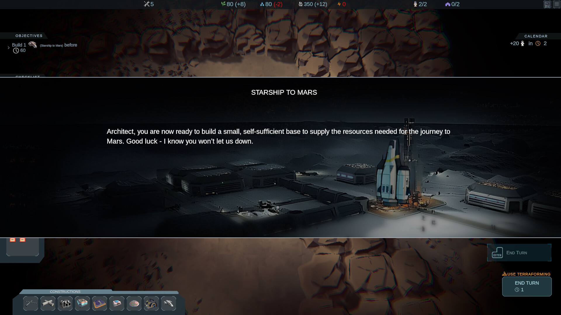 俯視視角的火星殖民地，展現了遊戲的風格化美術設計。