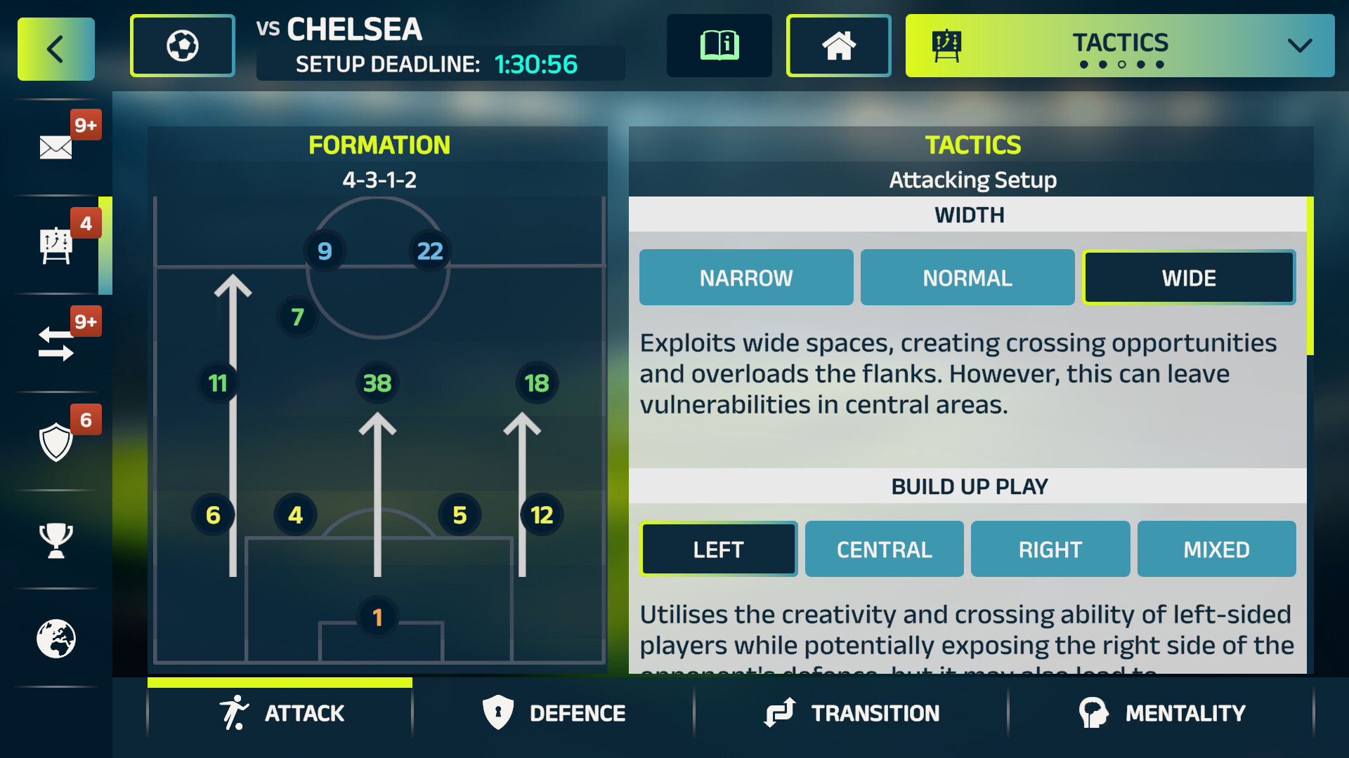 遊戲中的球員屬性與戰術設定介面