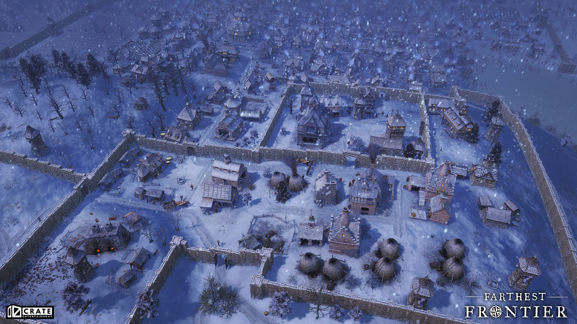 掠奪者正在攻擊一座由木柵欄防禦的城鎮,守衛們在塔樓上奮力抵抗。