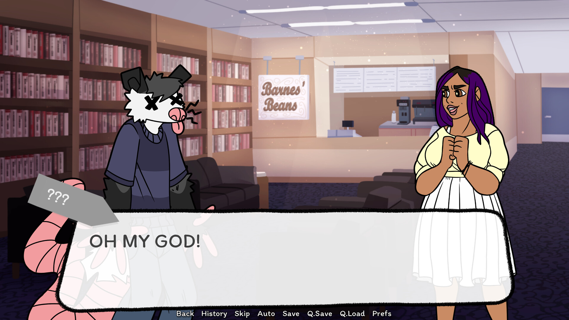 在遊戲廳中，主角們圍著一台大型電玩機台