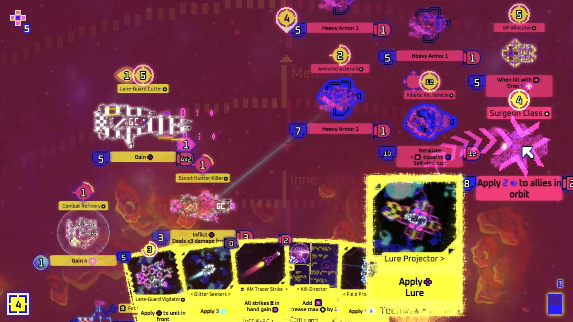 遊戲中卡牌戰鬥的介面,顯示了豐富的戰術選項。