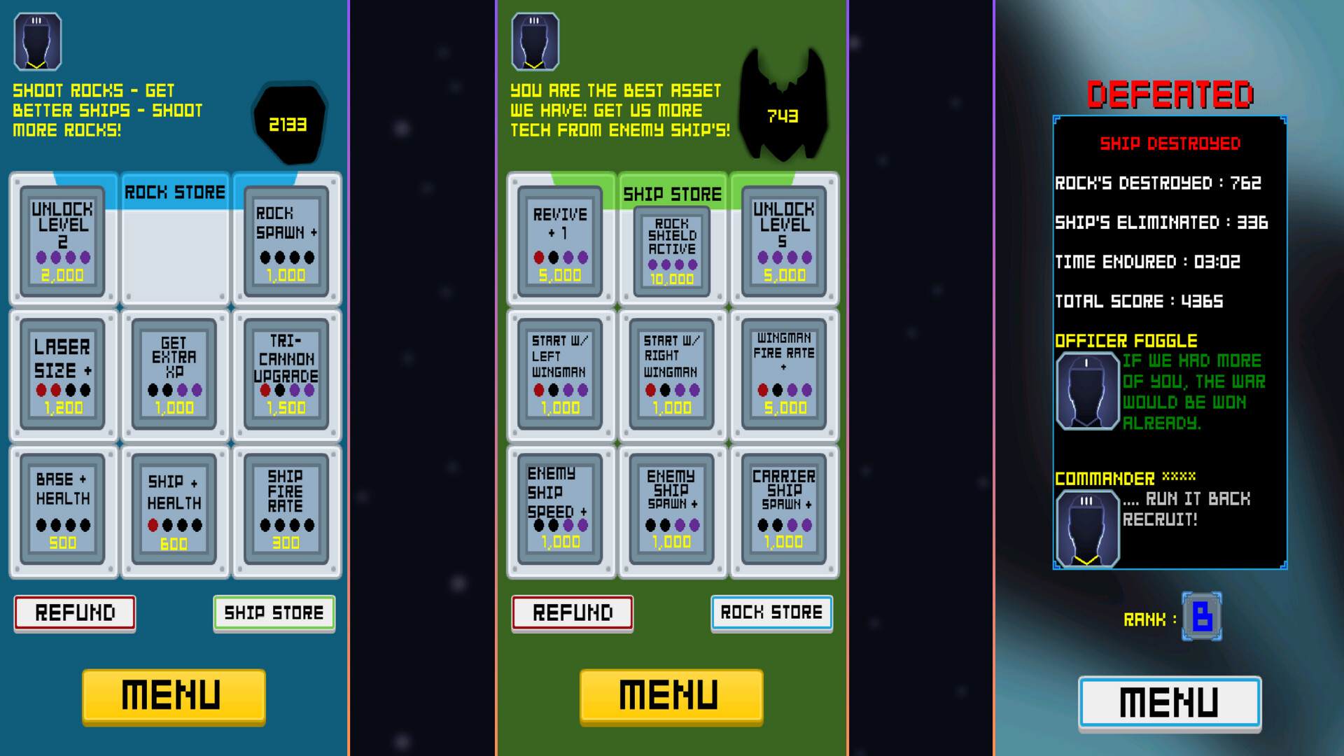 太空隕石（Rocks In Space）遊戲中的飛船升級介面