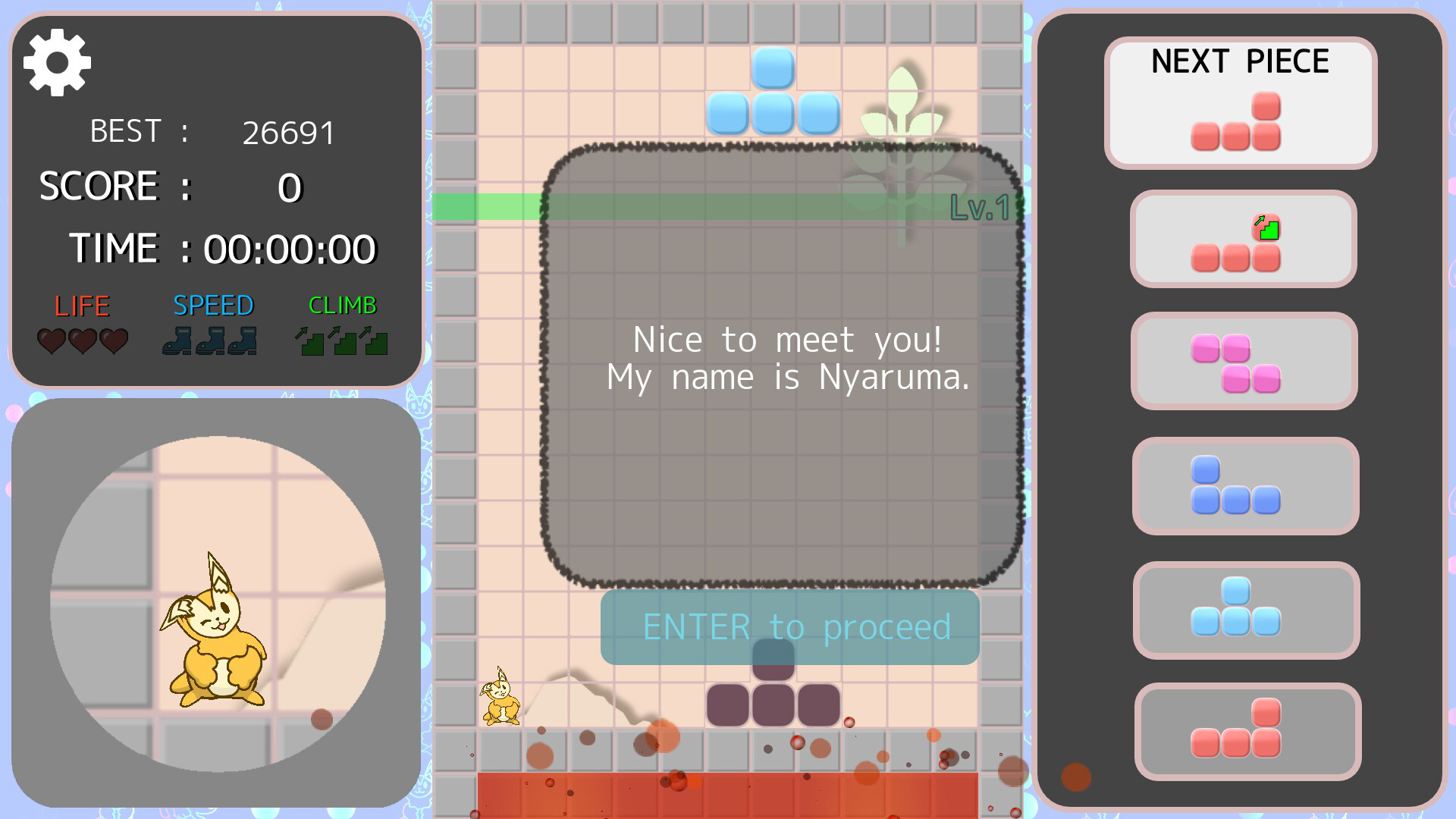 遊戲中玩家需要堆疊方塊讓 Nyaruma 向上攀爬