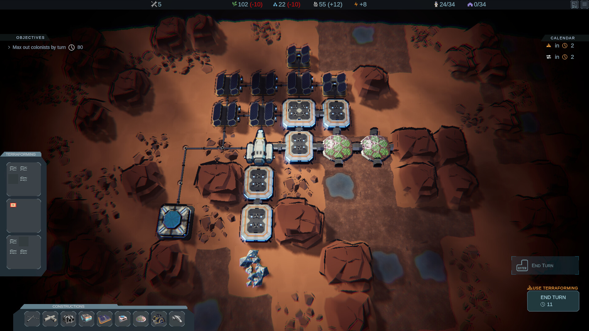 遊戲中玩家正在規劃與建設火星基地，各種功能性建築錯落有致。