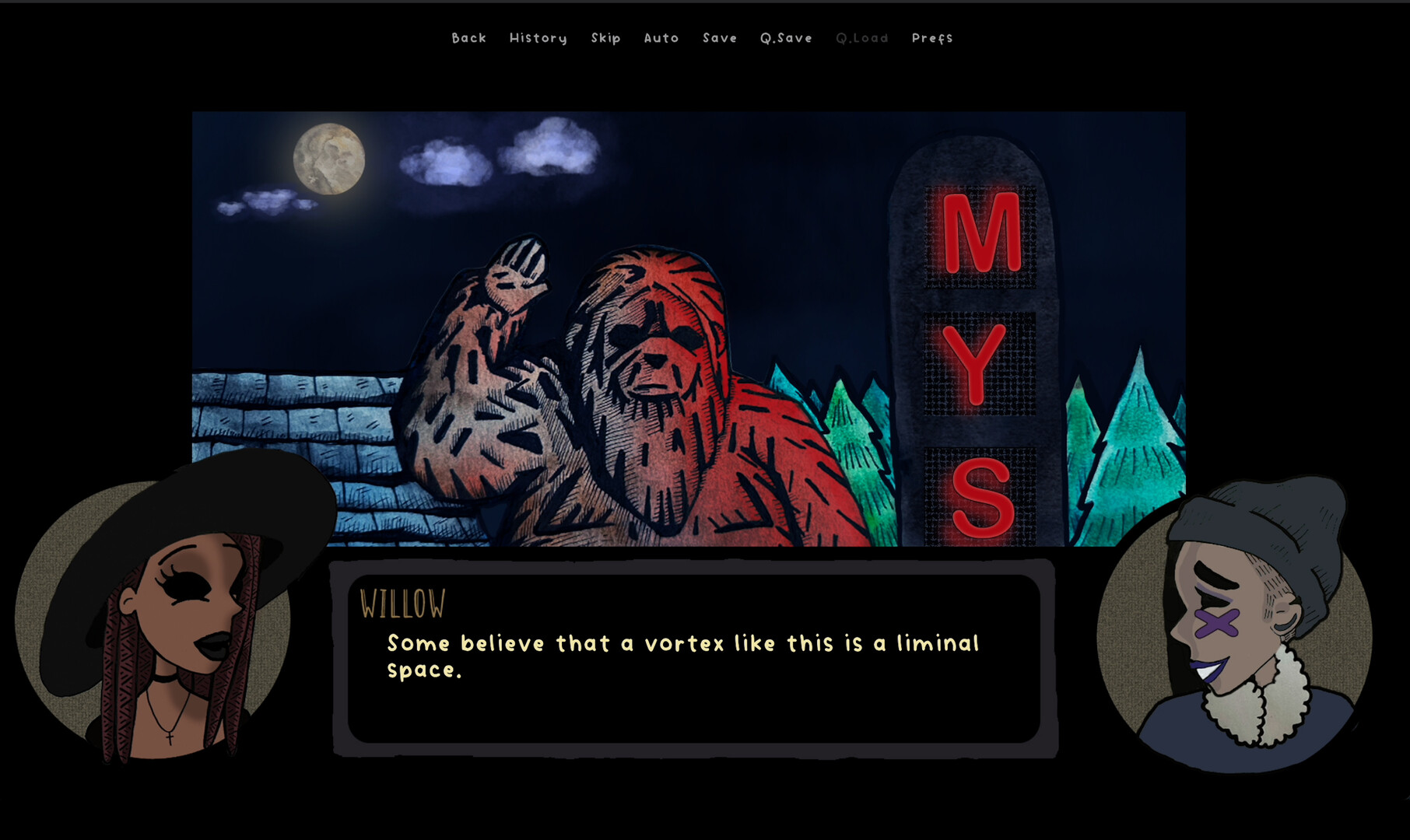 遊戲中的通靈板場景，角色們圍坐在一起