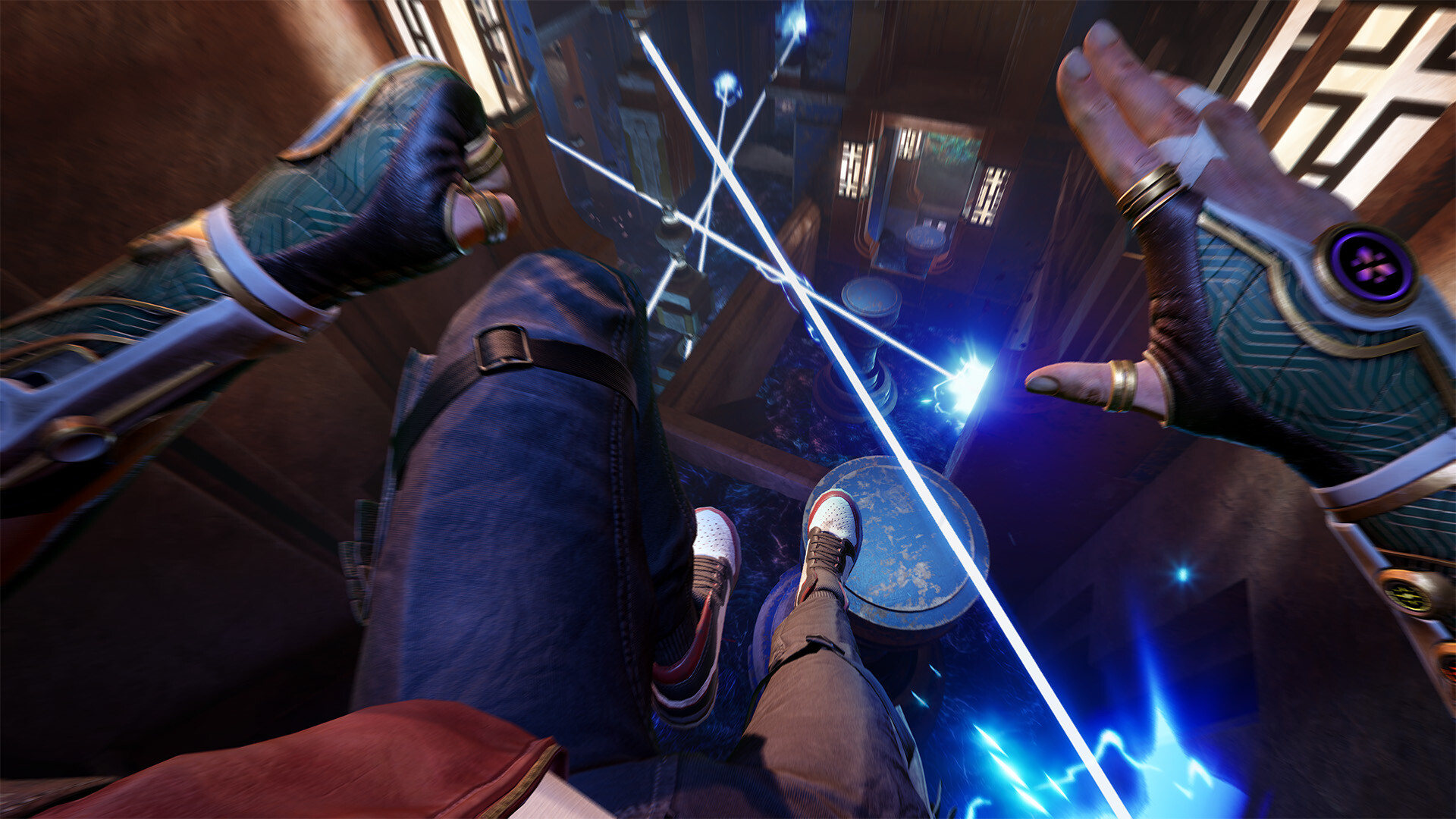 玩家角色手持弓箭,瞄準遠方的機械敵人。