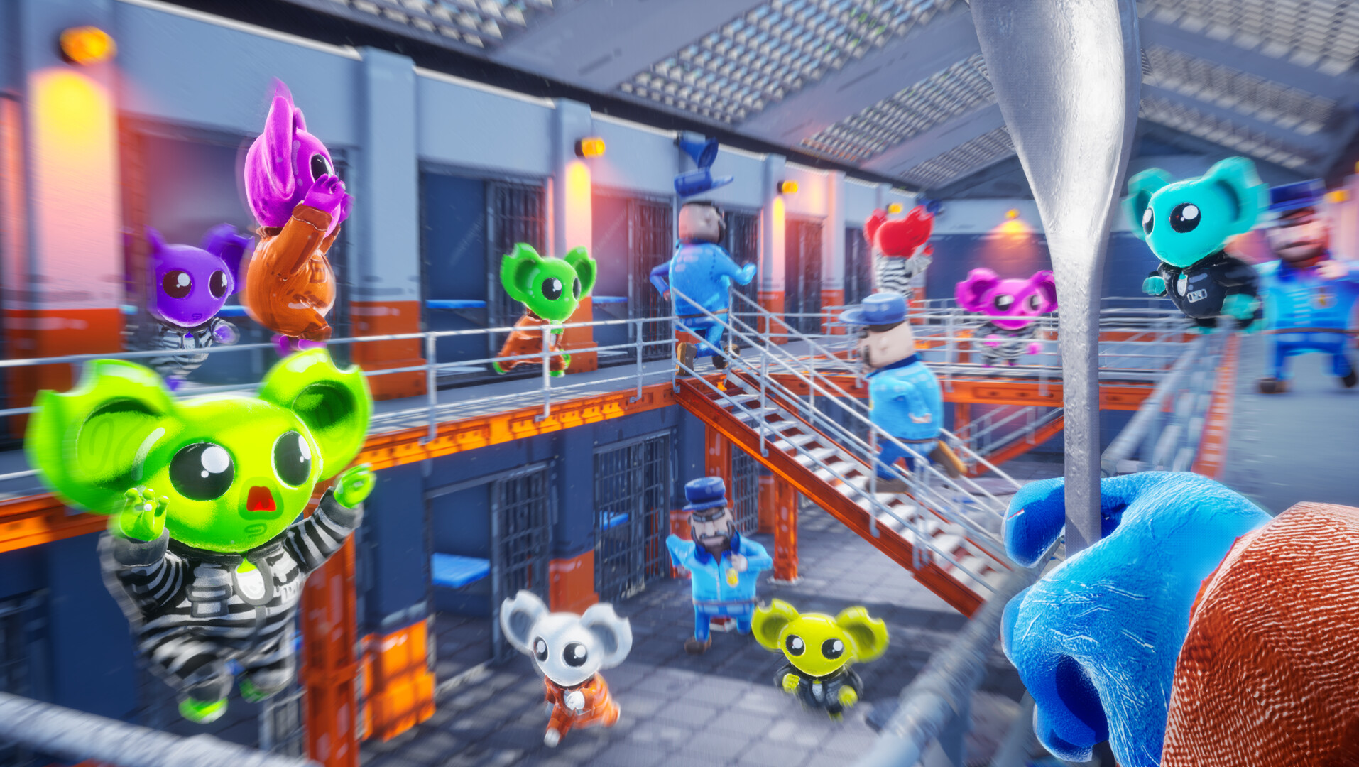 一群卡通風格的外星人角色在一個色彩繽紛的監獄庭院裡奔跑。