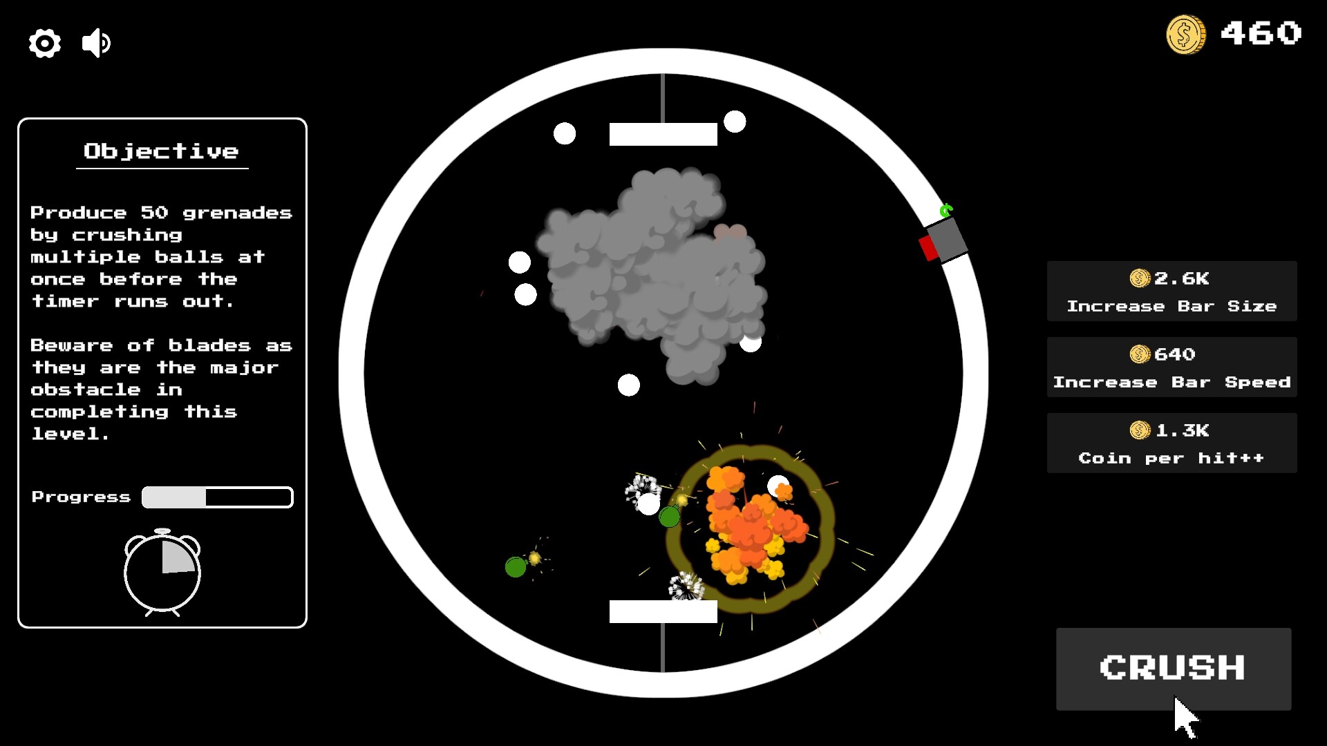 Crush Point 遊戲畫面，顯示多種顏色的球體與障礙物