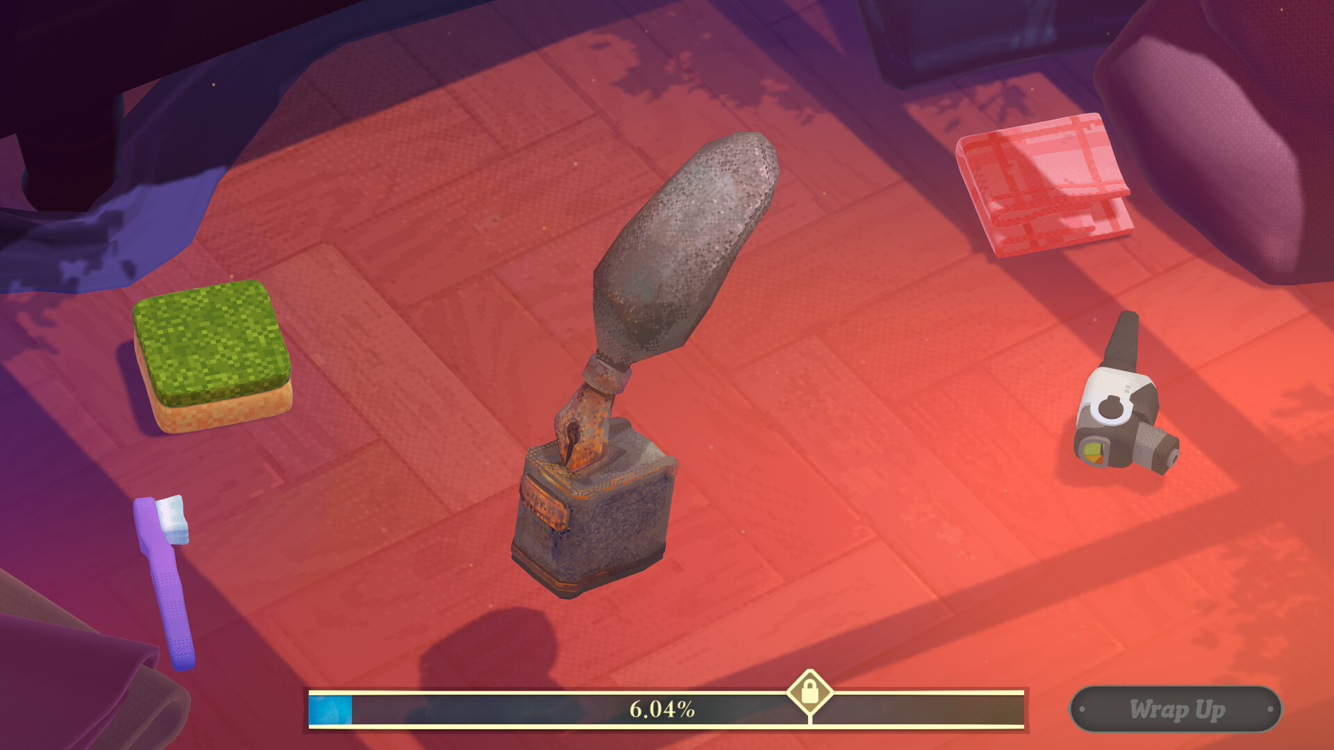 遊戲中一個充滿陽光的房間場景，擺放著各種等待清潔的舊物。