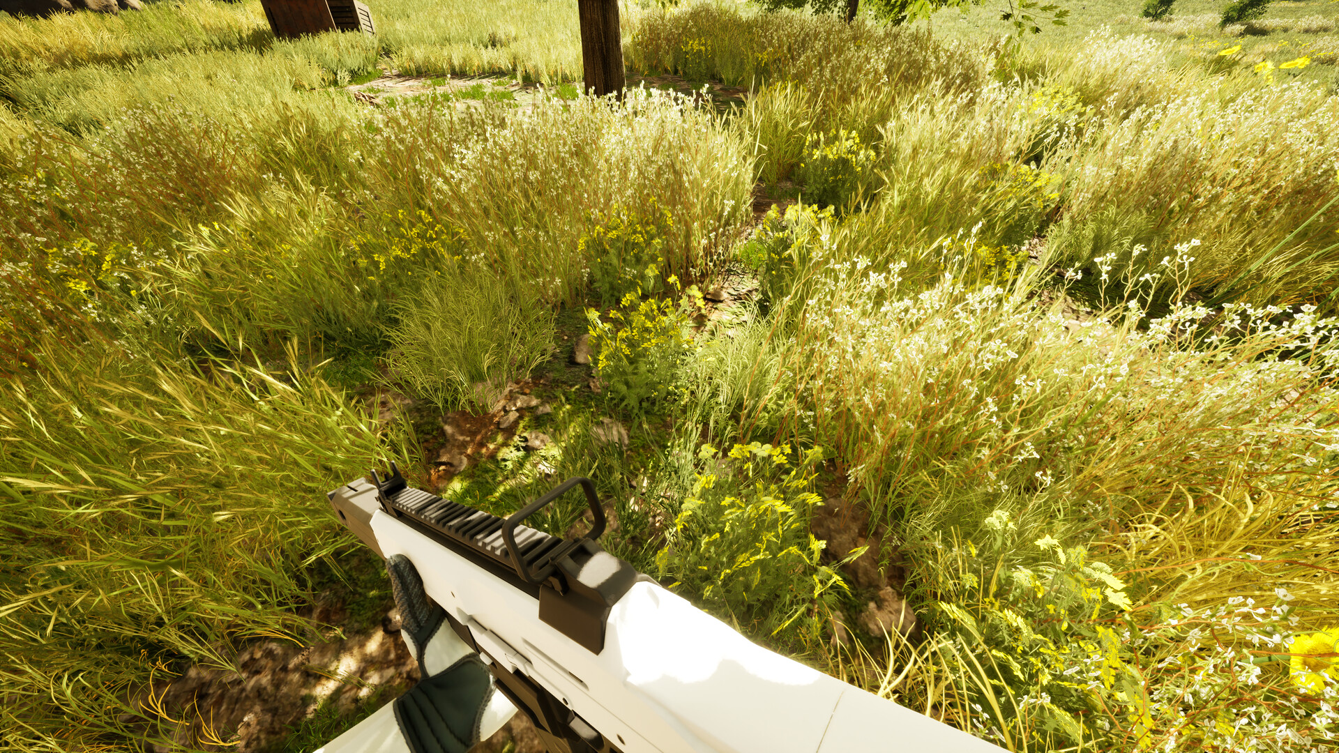 玩家手持步槍,在充滿植被的山區場景中進行探索。