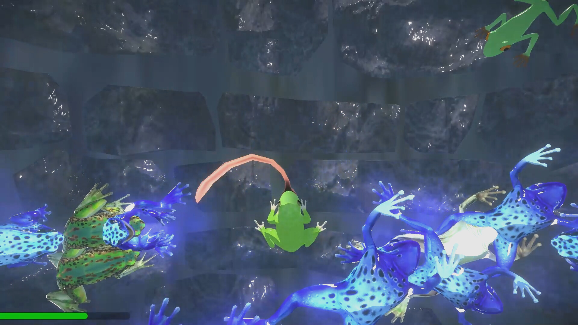 一隻卡通風格的青蛙在充滿障礙的井中向上跳躍