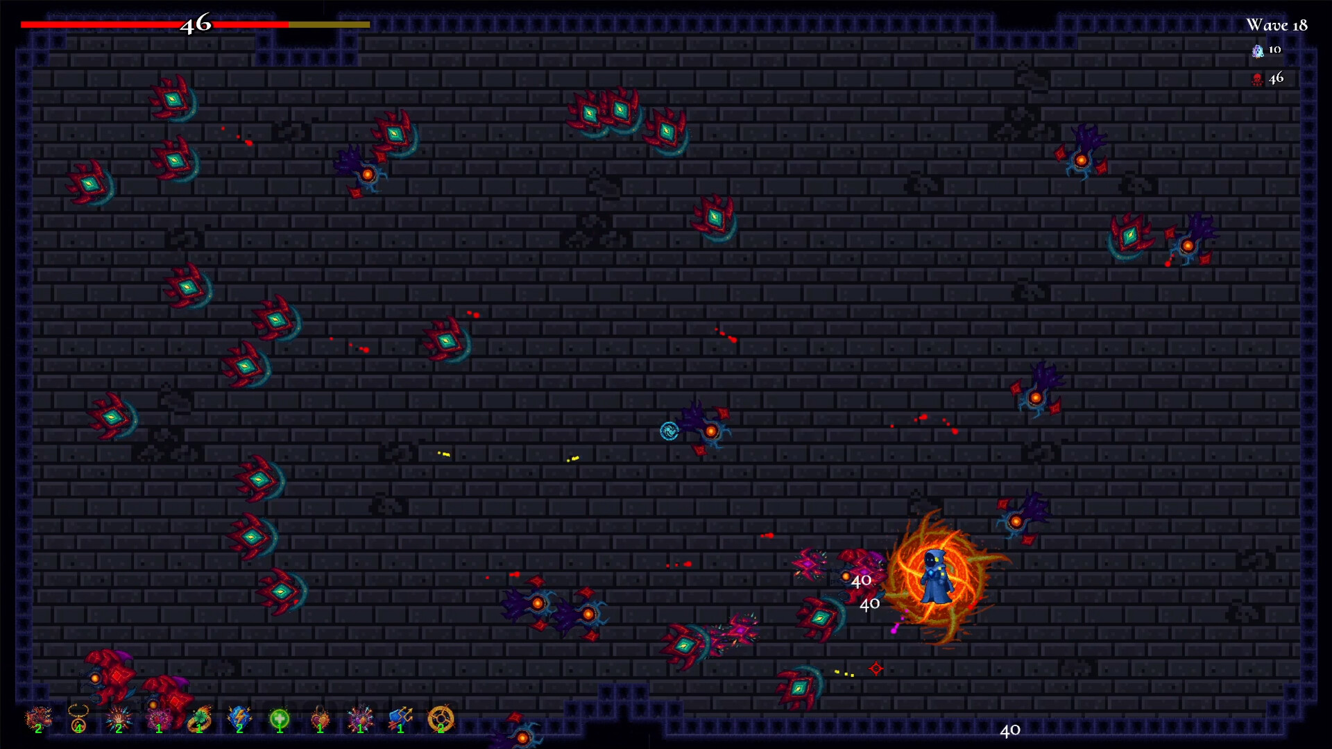 玩家角色被大量形狀各異的像素敵人包圍