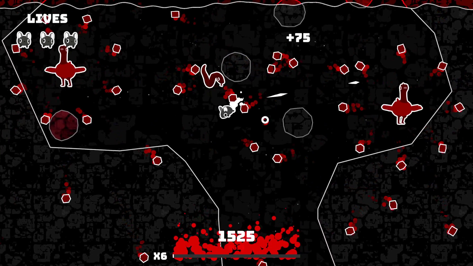 玩家操控的老鼠在洞穴中射擊敵人，畫面充滿彈幕。