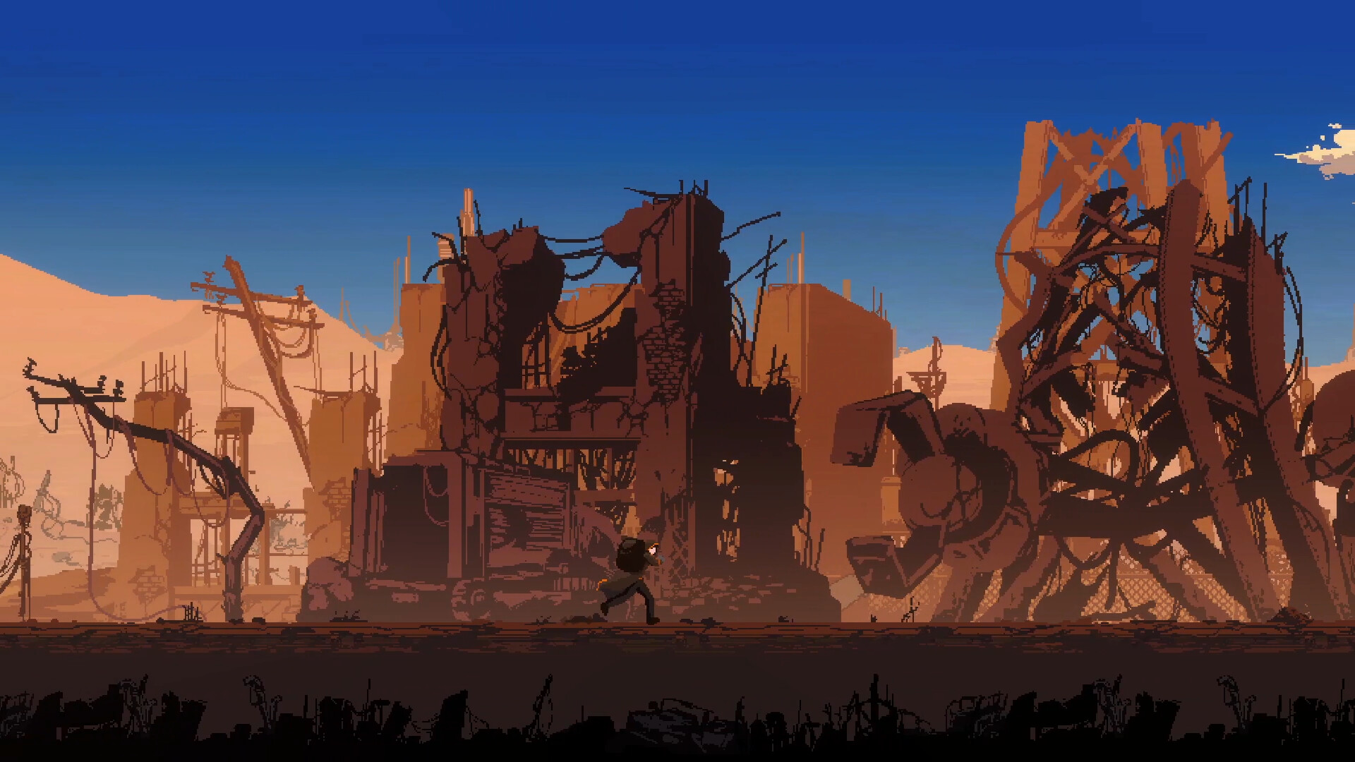 遊戲中充滿氛圍的像素藝術場景。