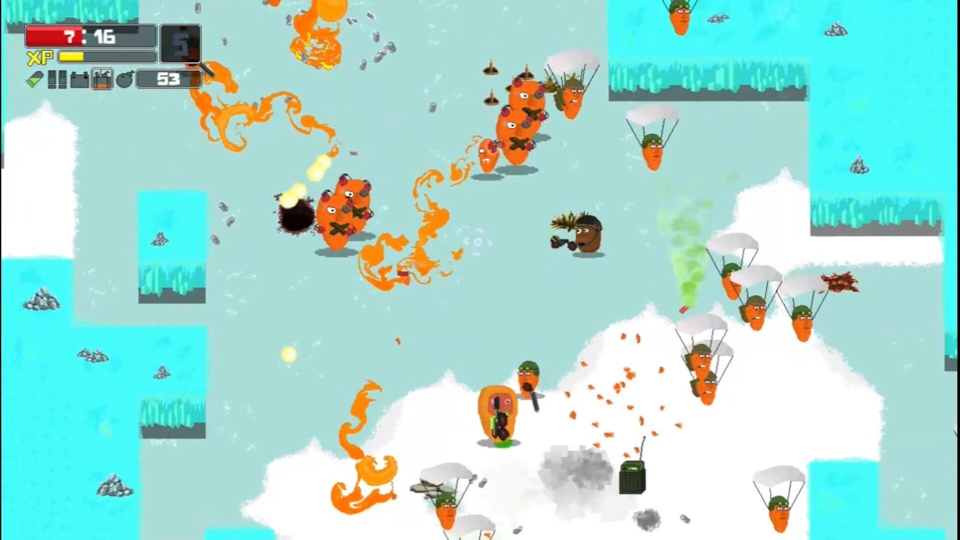 馬鈴薯英雄在戰場中與胡蘿蔔敵人激烈交火的畫面。