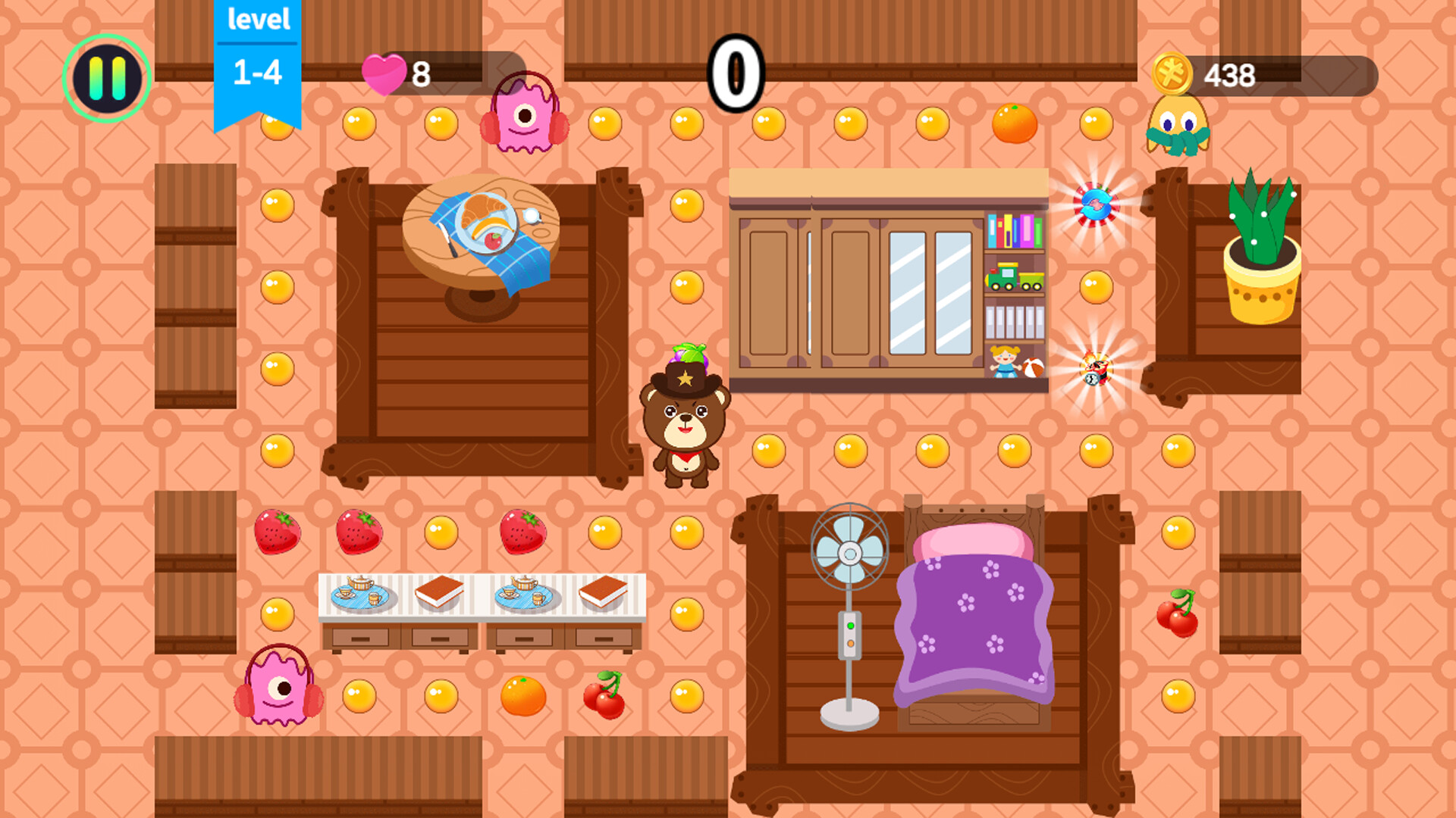 角色在迷宮中被怪物包圍的緊張時刻。