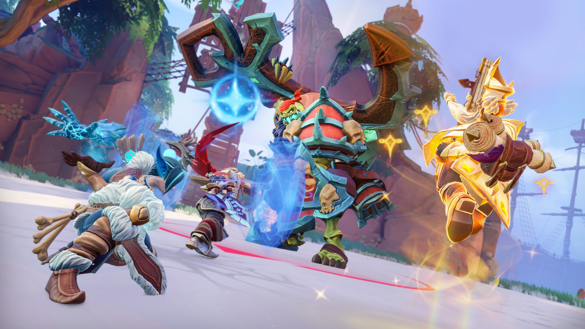 四位玩家組隊在地城中與大量敵人戰鬥的場景。