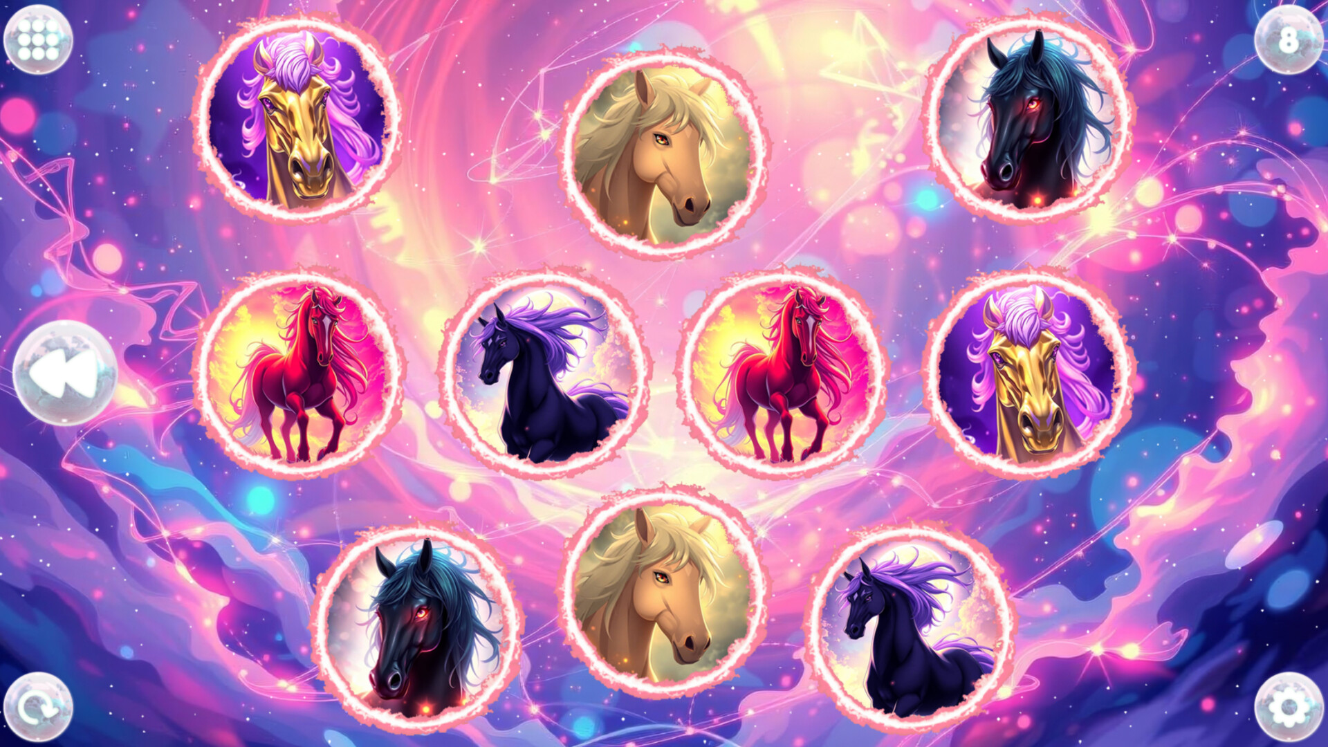 另一關卡的遊戲畫面，展示了更多不同設計的馬匹圖案。