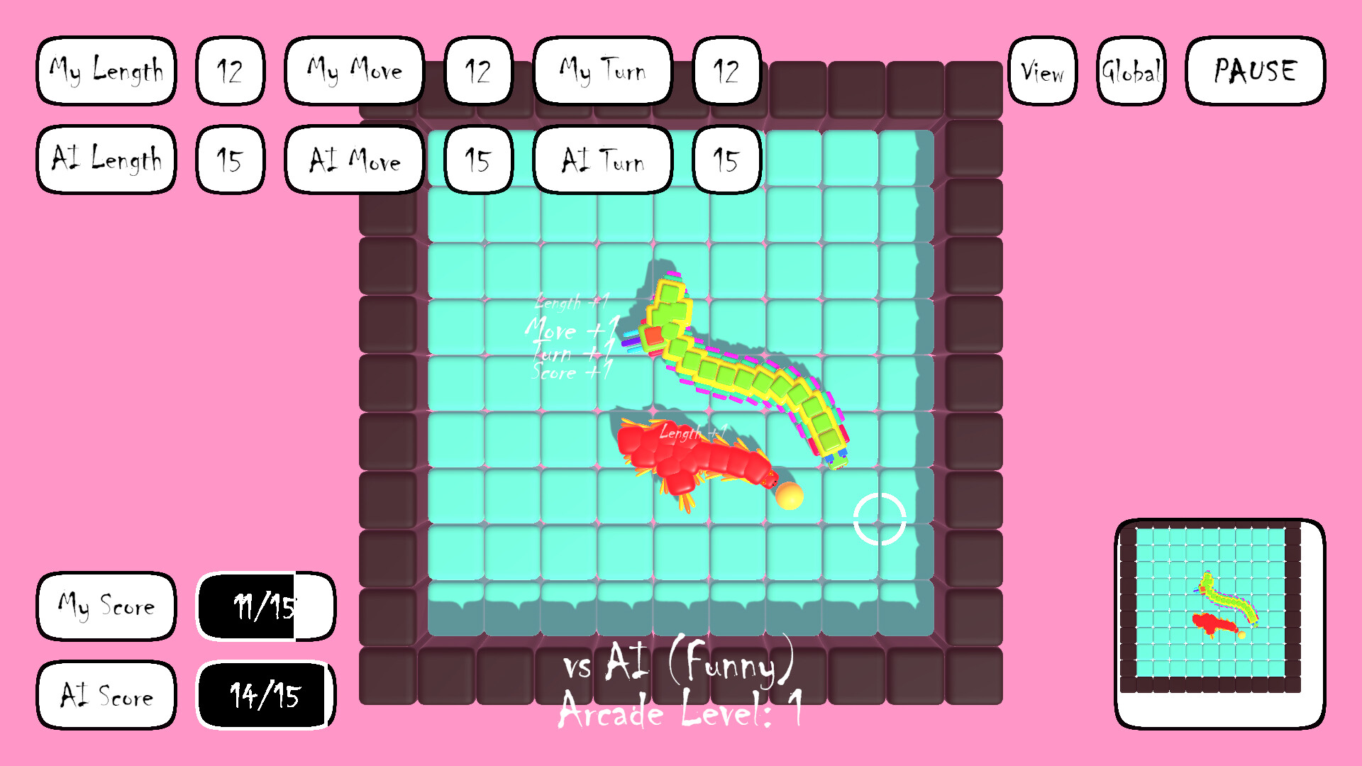 AI 貪吃蛇遊戲截圖，展示了多種不同的蛇造型與顏色。