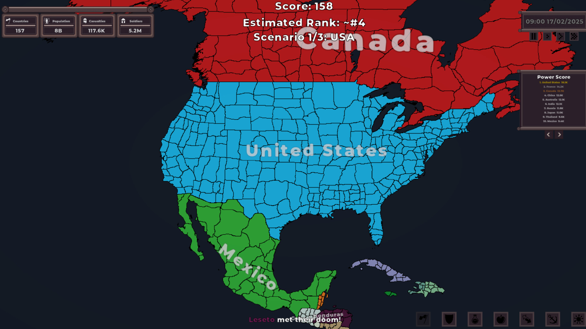 Observe 遊戲中詳細的地圖模式，顯示了不同國家的疆域和影響力。