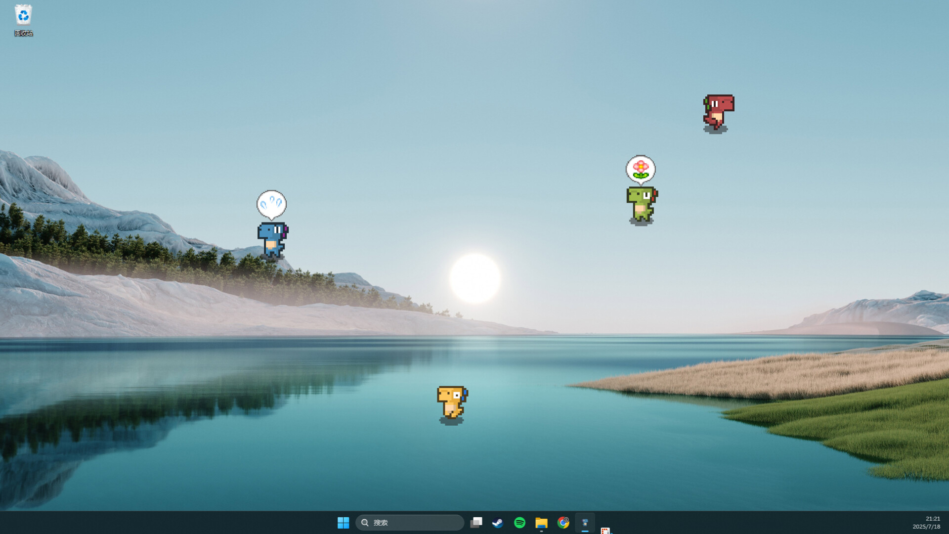 多隻不同顏色的像素恐龍在桌面上