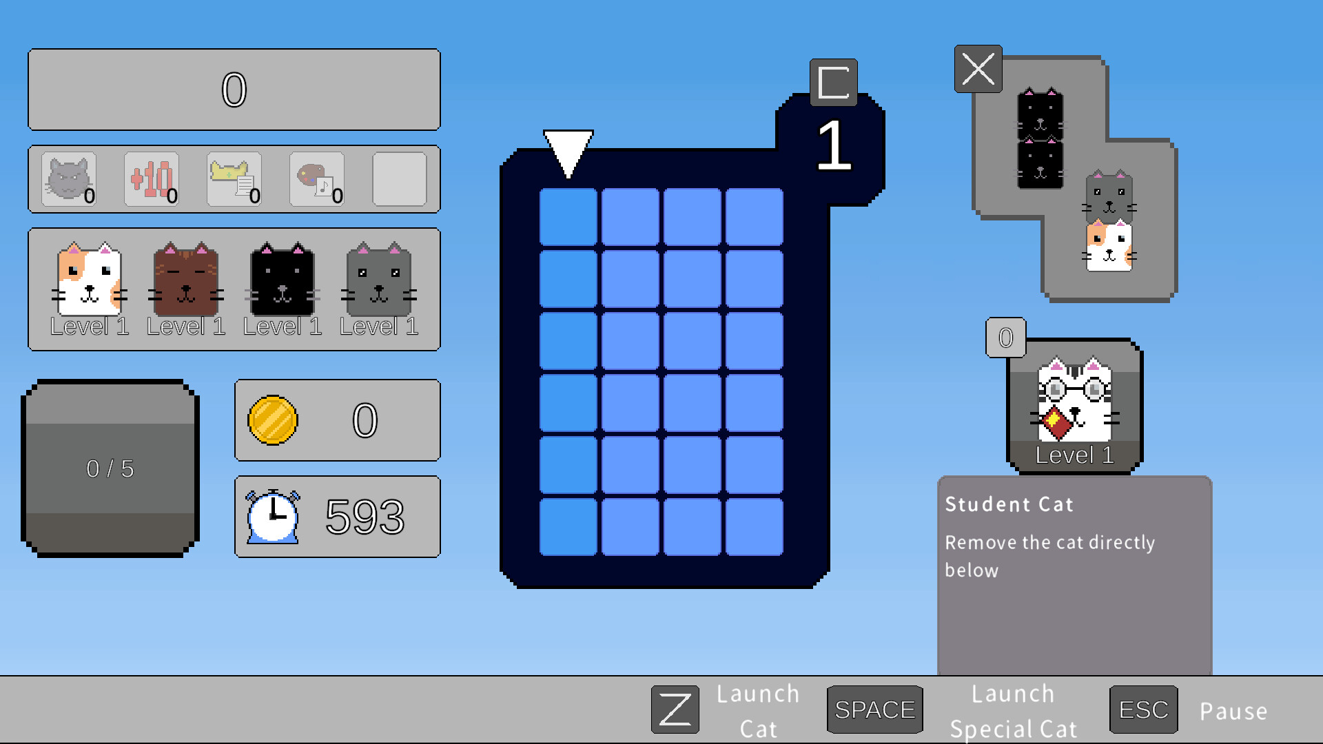 遊戲中各種不同造型的像素貓咪方塊