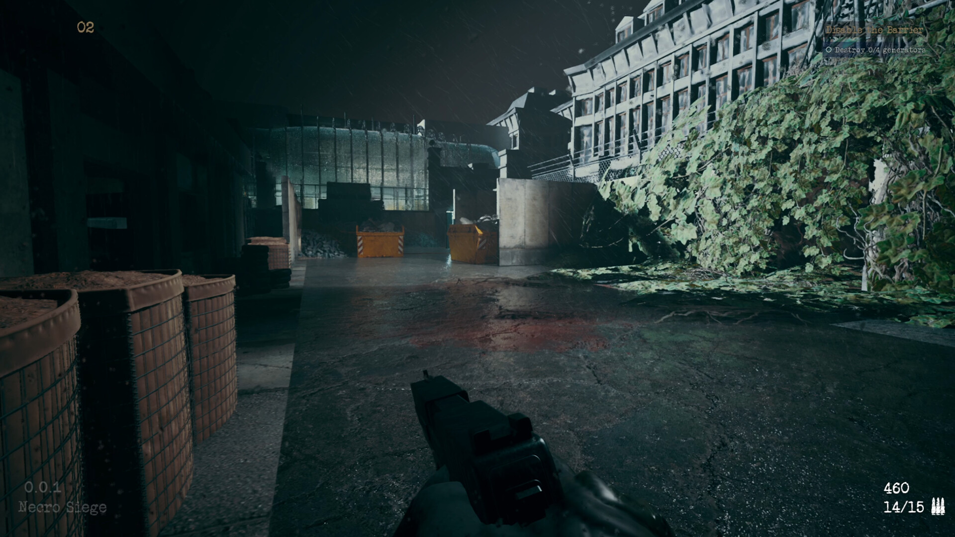 玩家在一個被毀壞的場景中與巨大的惡魔生物對峙。