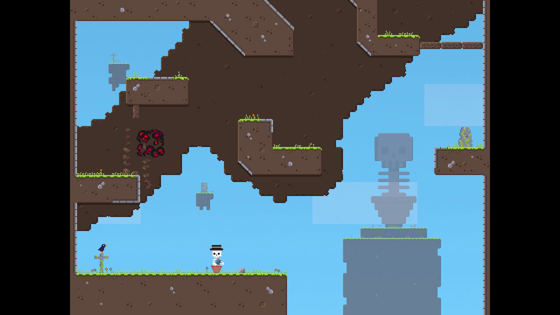 遊戲主角是一個被種在花盆中的骷髏,利用炸彈的力量向上攀升。