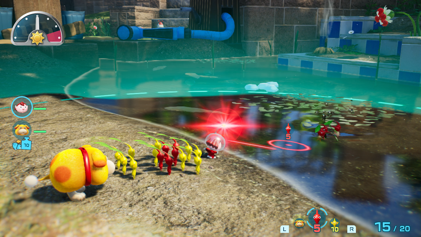 皮克敏在危險環境中能承受更長時間,讓玩家有機會用哨子救助牠們。