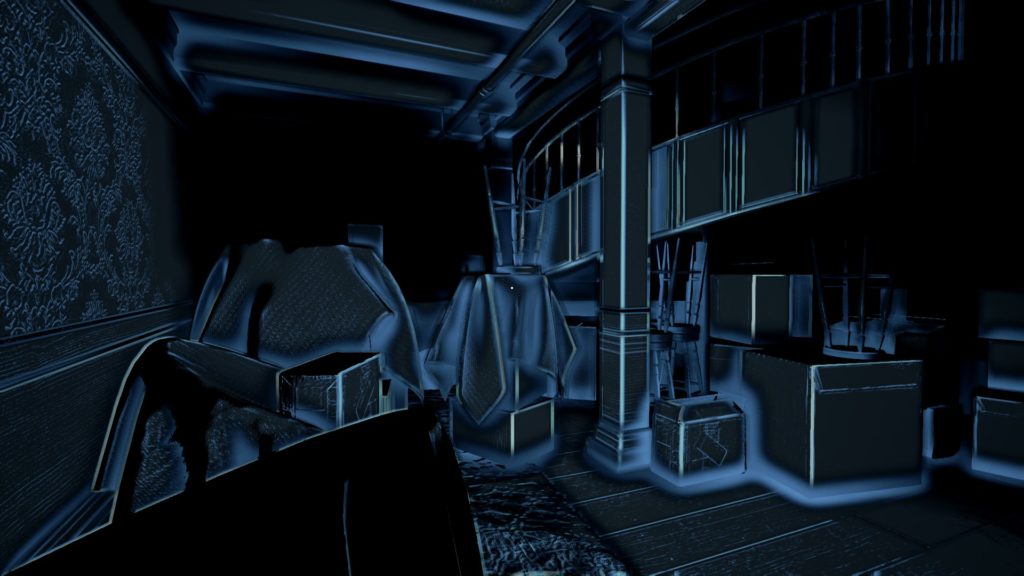 在《感知》中，每一次敲擊手杖都會以聲波描繪出周圍的環境輪廓。